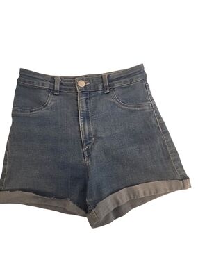 High-Rise Rolled-Hem Denim Shorts in Blue
